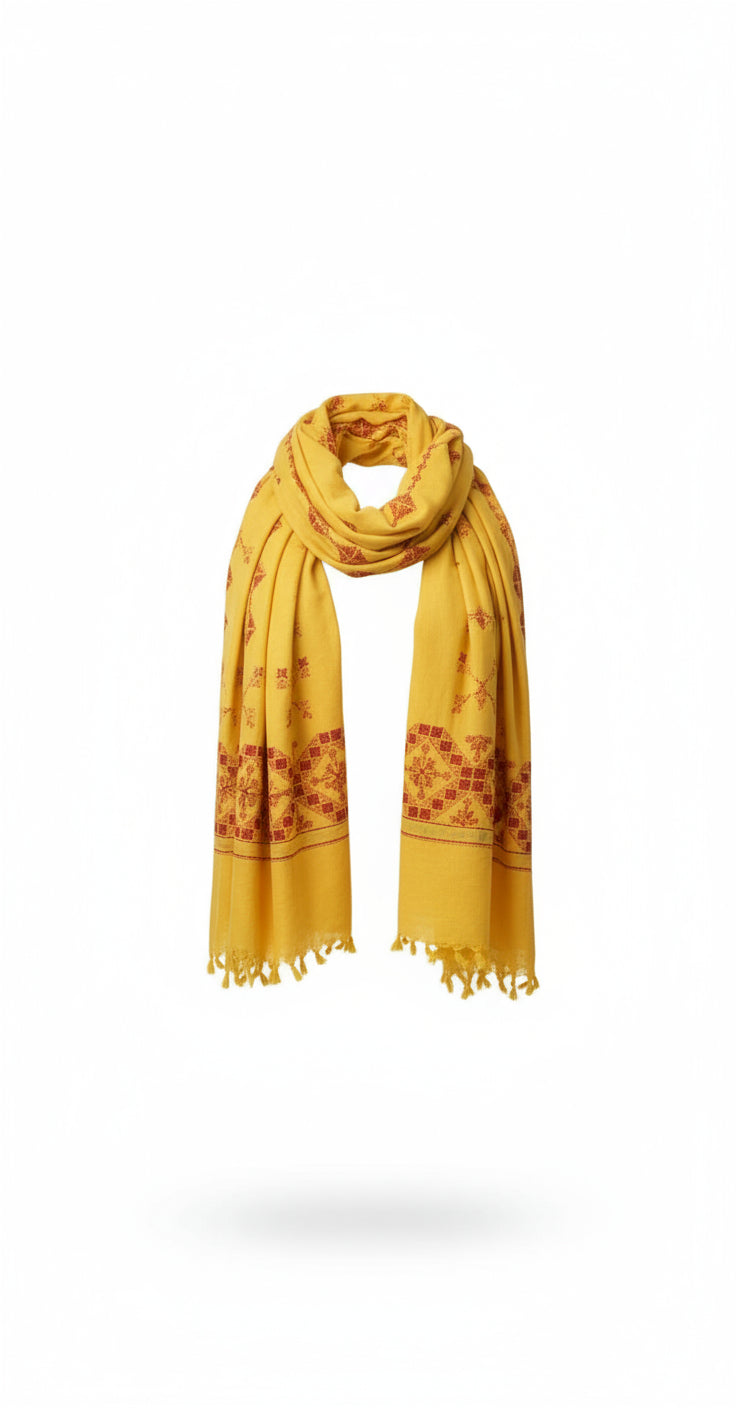 🍂 Golden Yellow Tatreez Scarf – Bold & Traditional