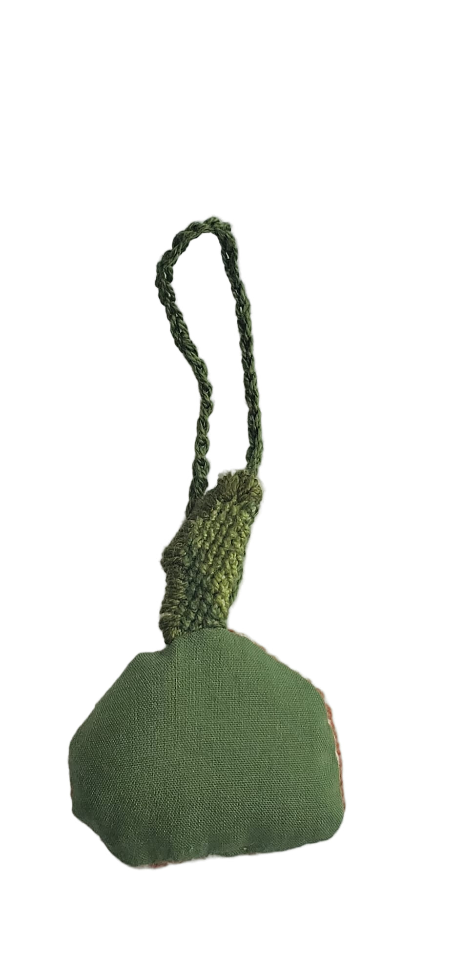 Green fabric keychain with a loop on a light gray background
