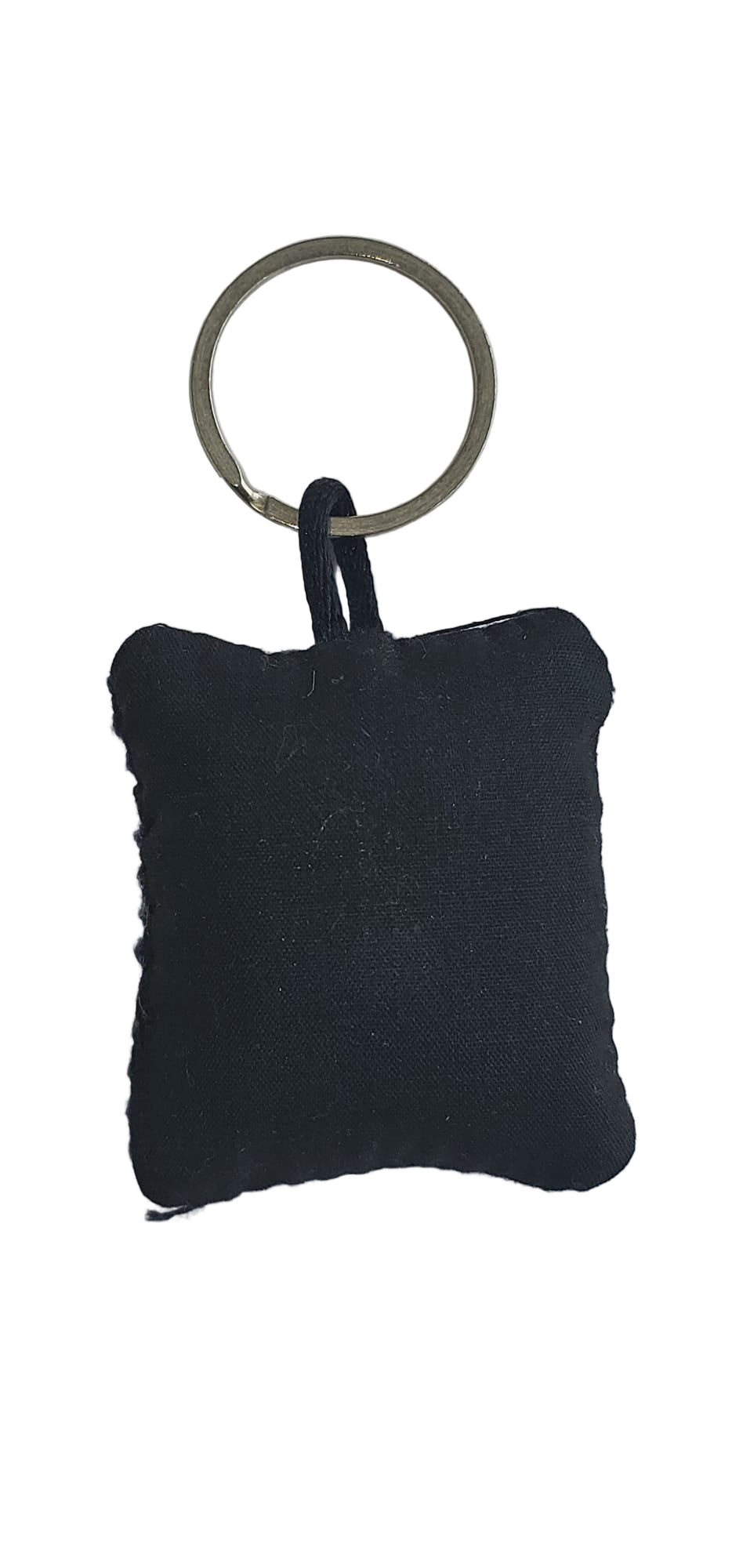 Black square keychain with a ring on a white background