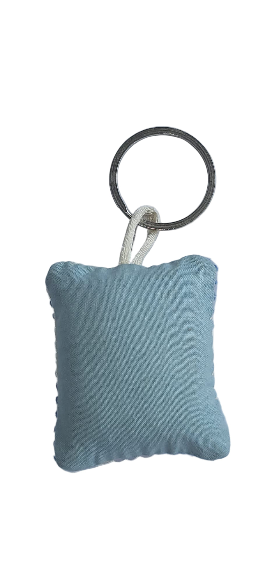 Blue square keychain with a ring on a light gray background