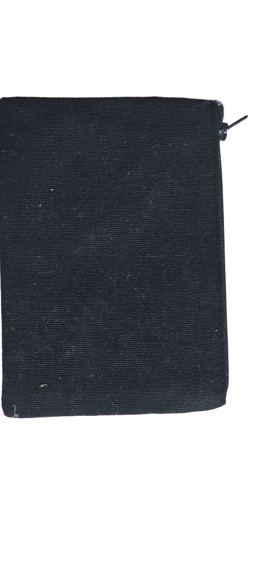 Black fabric pouch with a zipper on a light gray background