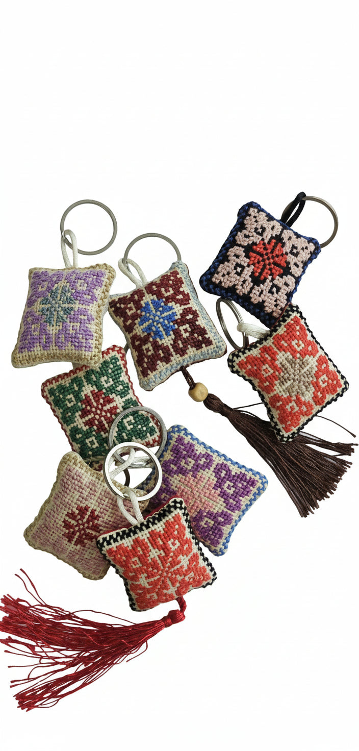 Colorful embroidered keychains with tassels on a white background