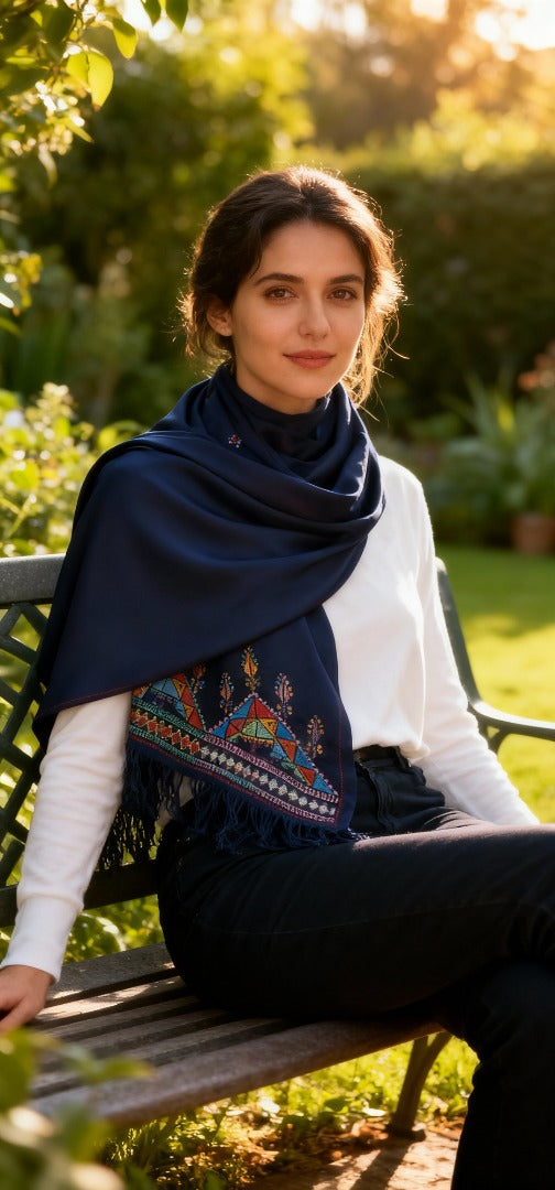 🌌 Navy Blue Tatreez Scarf – Timeless Elegance