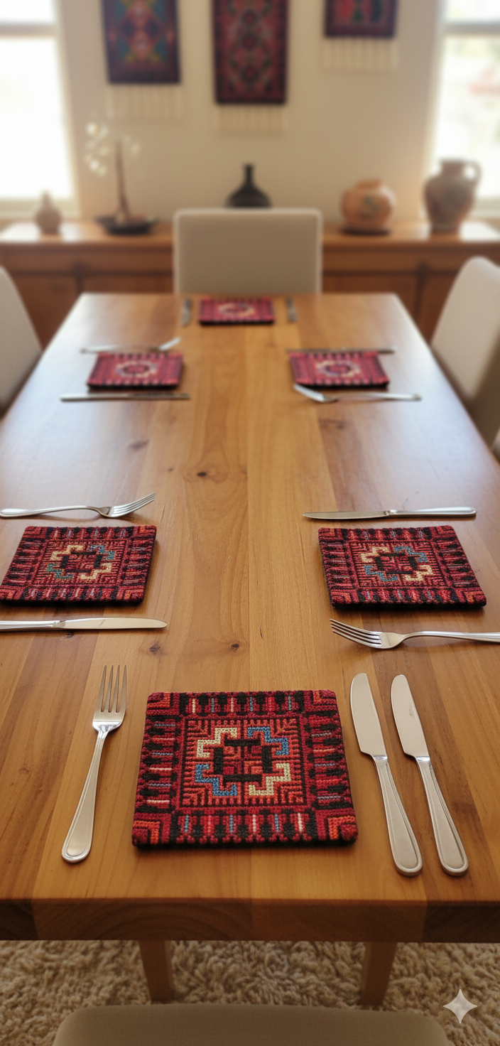 🧵 Tatreez Beeswax-Coated Coaster Set – Set of 4