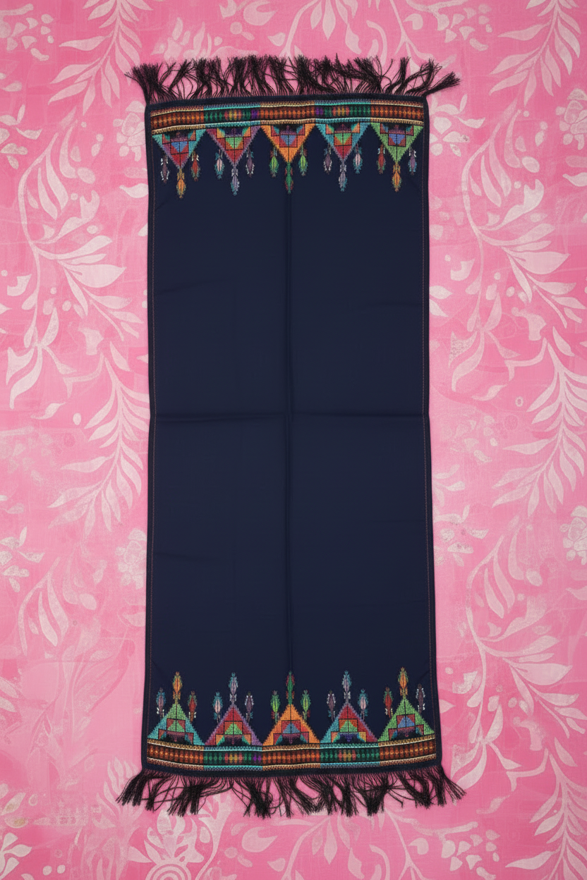 Navy blue fabric with colorful geometric patterns and fringes