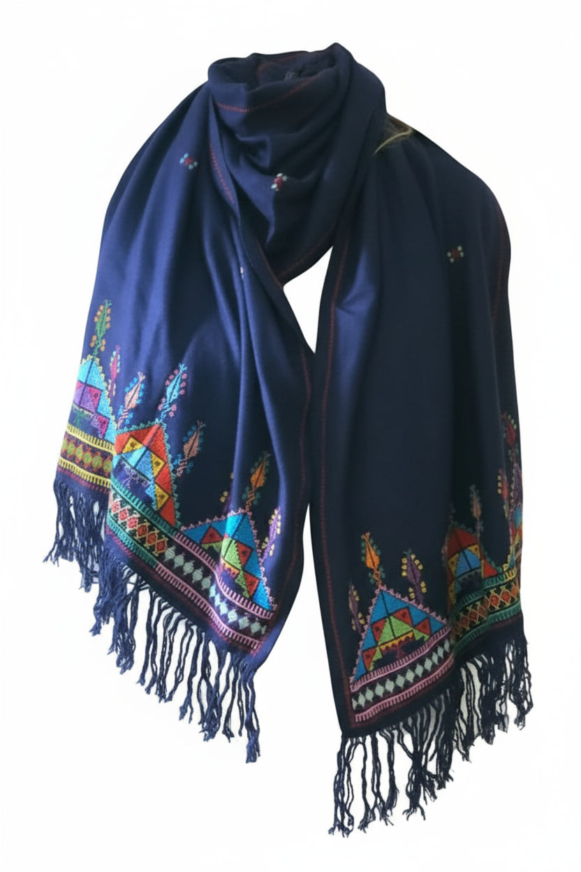 🌌 Navy Blue Tatreez Scarf – Timeless Elegance