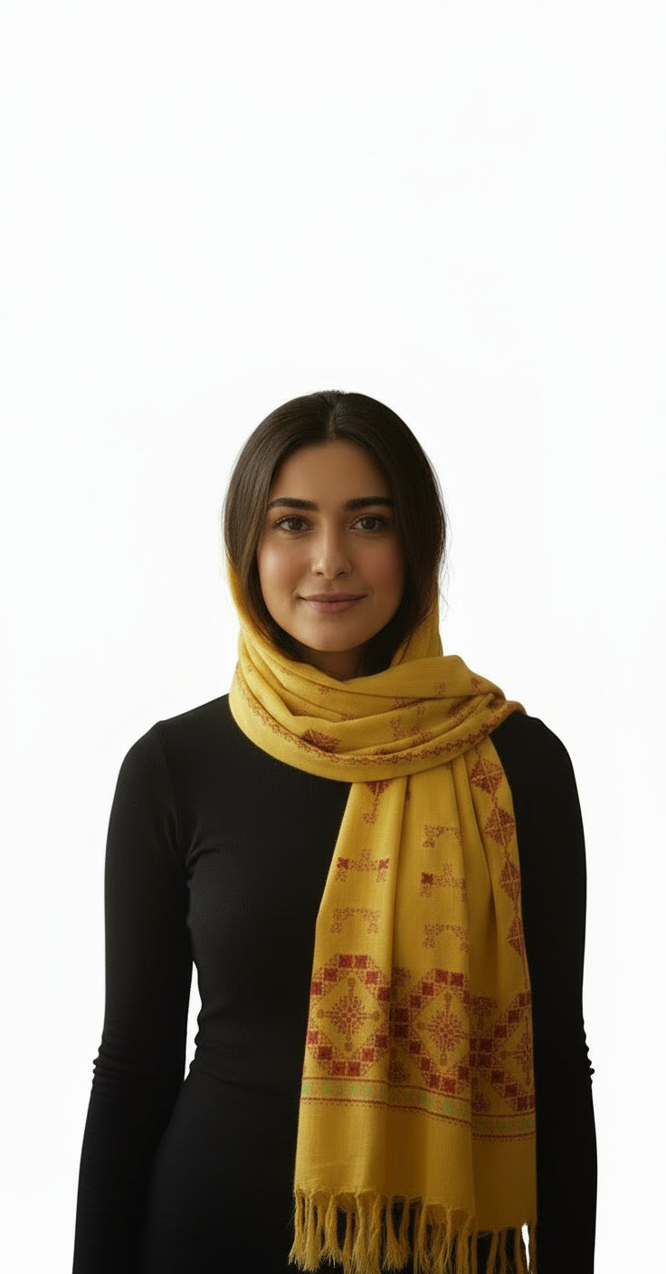 🍂 Golden Yellow Tatreez Scarf – Bold & Traditional